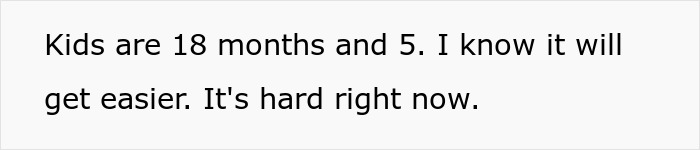 Text image with a statement about struggling with motherhood saying kids are 18 months and 5, and it's hard right now.