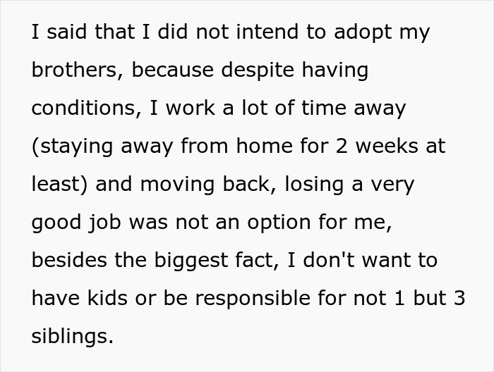 Text excerpt about sister unwanted siblings adoption explaining reluctance to adopt due to work and responsibility concerns. Text excerpt about sister unwanted siblings adoption explaining reluctance to adopt due to work and responsibility concerns.