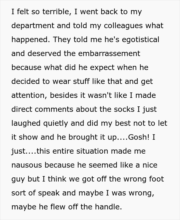 Text excerpt discussing workplace harassment involving mocking colorful socks and seeking HR intervention.