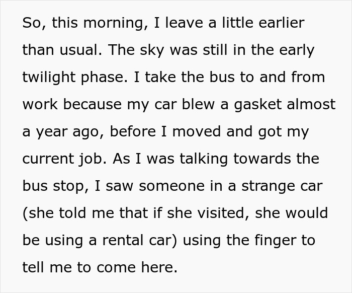 Text excerpt describing a morning routine disrupted by car trouble and a strange encounter at the bus stop related to mother-poisoned-me. Text excerpt describing a morning routine disrupted by car trouble and a strange encounter at the bus stop related to mother-poisoned-me.