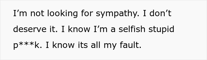 Text excerpt showing a man expressing guilt after an online affair that ruined his marriage, feeling selfish and at fault. Text excerpt showing a man expressing guilt after an online affair that ruined his marriage, feeling selfish and at fault.