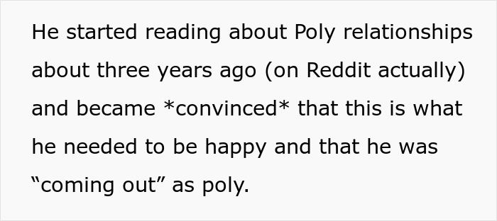 Text about a guy reading on poly relationships for three years before coming out as poly to his wife. Text about a guy reading on poly relationships for three years before coming out as poly to his wife.