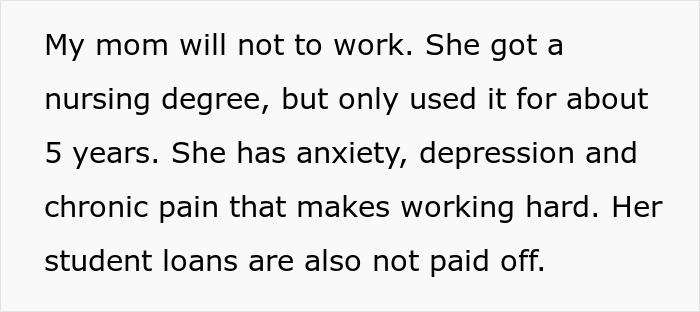 Text about mom retirement plan describing anxiety, depression, chronic pain, unused nursing degree, and unpaid student loans. Text about mom retirement plan describing anxiety, depression, chronic pain, unused nursing degree, and unpaid student loans.
