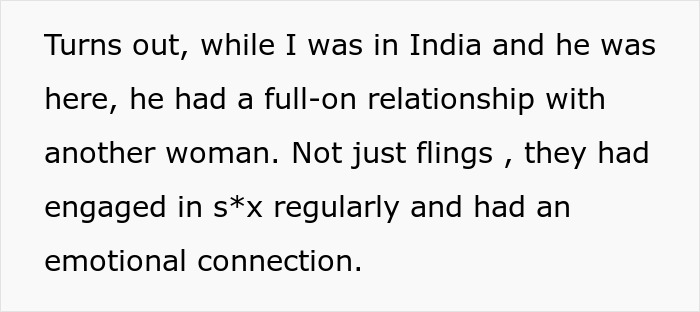 Text excerpt detailing a woman learning she was her husband’s second choice after his secret relationship abroad. Text excerpt detailing a woman learning she was her husband’s second choice after his secret relationship abroad.