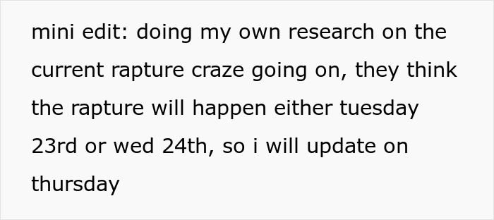 Text discussing personal research on the current Christian rapture craze with references to money and dates predictions. Text discussing personal research on the current Christian rapture craze with references to money and dates predictions.