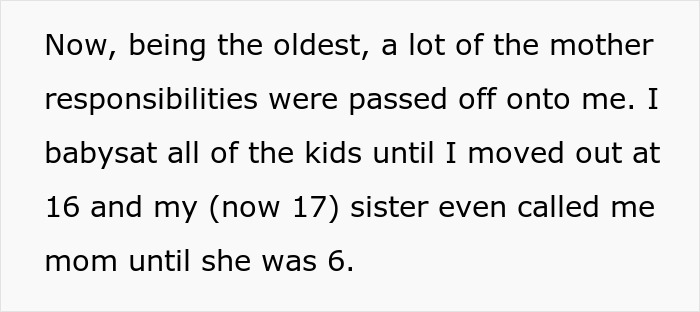 Text excerpt describing oldest sibling taking care of younger siblings and mother responsibilities passed onto them. Text excerpt describing oldest sibling taking care of younger siblings and mother responsibilities passed onto them.