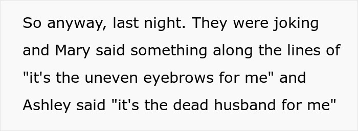 Text showing a family dinner conversation where a cruel joke about a dead husband sparks tension and conflict.