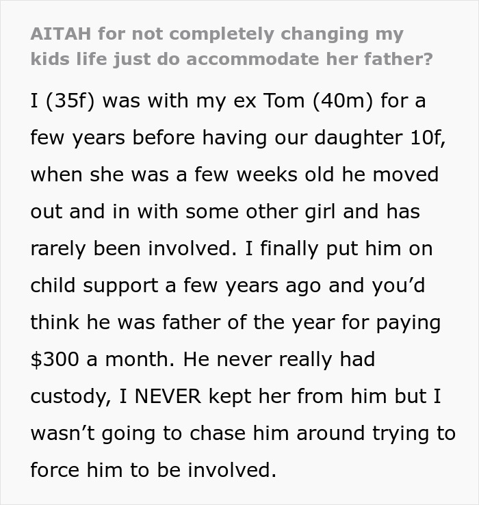 Text post discussing dad paying $300 child support and mom's perspective on control and involvement in their 10-year-old's life Text post discussing dad paying $300 child support and mom's perspective on control and involvement in their 10-year-old's life