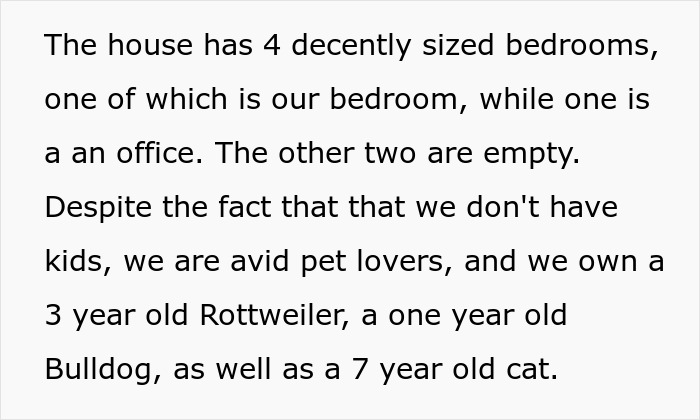 Interior of a house with four bedrooms, emphasizing refusing to look after brother’s children and pet ownership. Interior of a house with four bedrooms, emphasizing refusing to look after brother’s children and pet ownership.