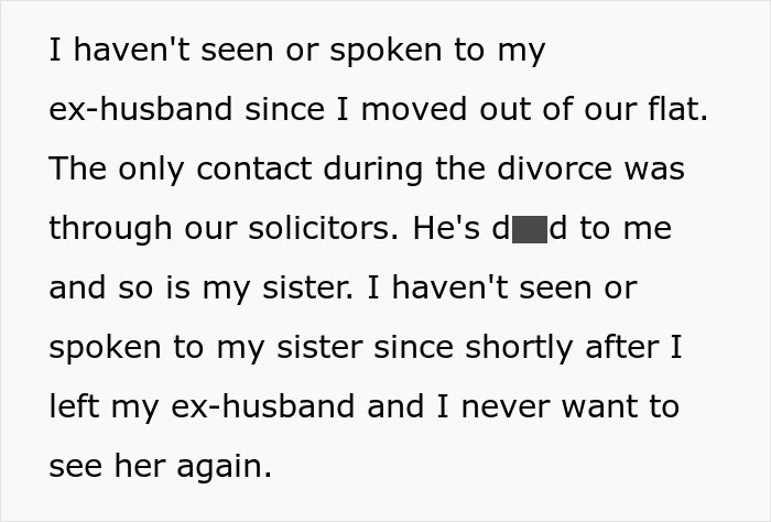 Text excerpt describing a woman's estrangement from ex-husband and sister after discovering a dark secret early in marriage.