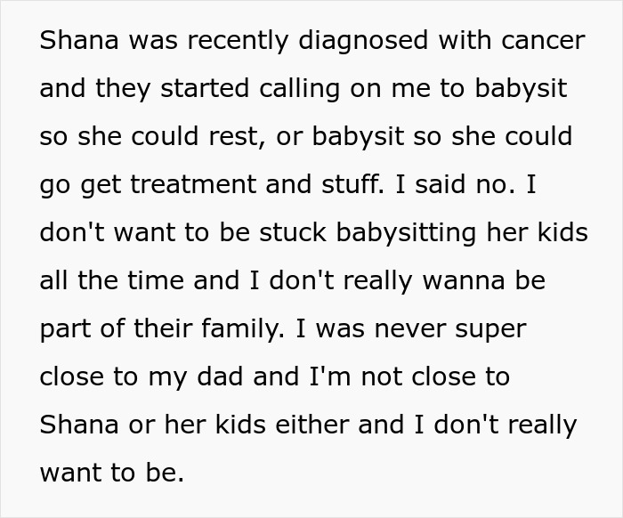 Text excerpt explaining refusing babysit stepsiblings due to lack of closeness and unwillingness to be part of their family.