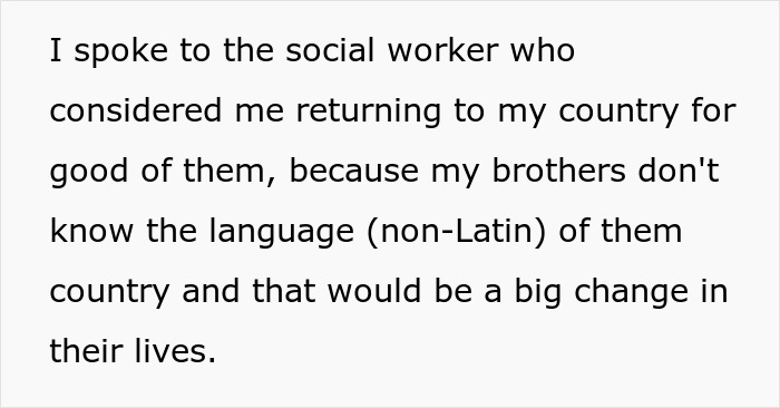 Text excerpt about social worker discussing sibling adoption and language barriers for unwanted siblings. Text excerpt about social worker discussing sibling adoption and language barriers for unwanted siblings.