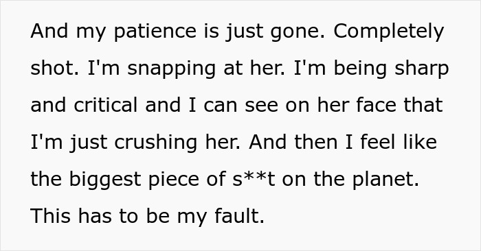 Text excerpt showing a new mom struggling with patience while feeling judged and blaming herself for the situation. Text excerpt showing a new mom struggling with patience while feeling judged and blaming herself for the situation.