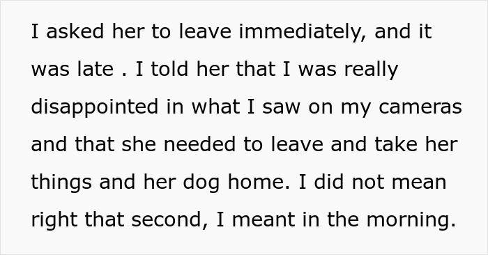 Text excerpt showing a woman’s message about being disappointed and asking a friend to leave after locking up her dogs while house sitting. Text excerpt showing a woman’s message about being disappointed and asking a friend to leave after locking up her dogs while house sitting.