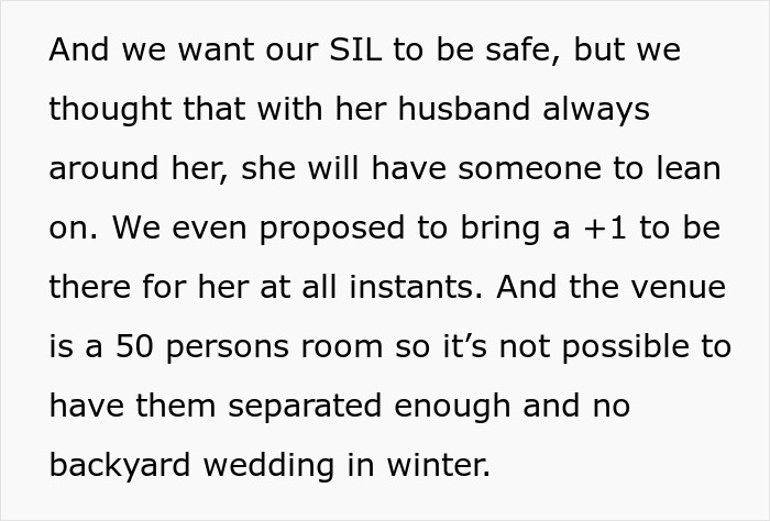 Text discussing concerns about refusing sister-in-law’s service dog at wedding due to venue size and safety considerations.