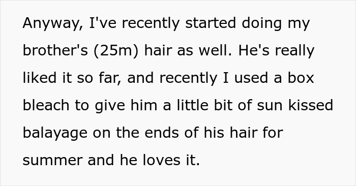 Text excerpt about using box bleach for brother’s hair with balayage highlights for summer look. Text excerpt about using box bleach for brother’s hair with balayage highlights for summer look.