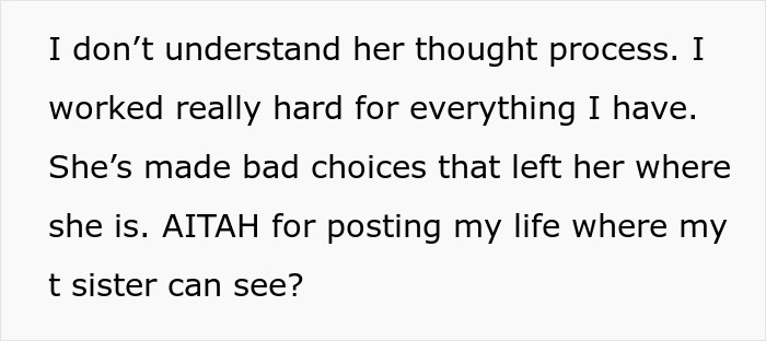 Text of woman rejecting sister’s hints for money while sibling rages about Ibiza pics and family struggles.