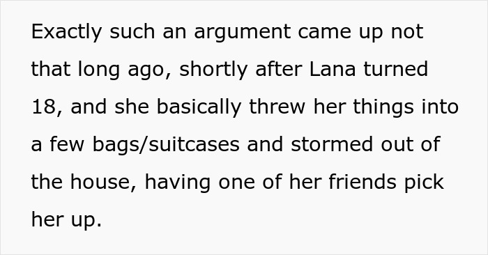 Text excerpt about stepdaughter leaving home after turning 18 amid argument over dating and love nest disagreements with mom and bio-dad. Text excerpt about stepdaughter leaving home after turning 18 amid argument over dating and love nest disagreements with mom and bio-dad.