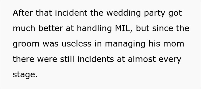 Text about wedding party handling rude MIL while groom struggles to manage his mom, causing repeated incidents. Text about wedding party handling rude MIL while groom struggles to manage his mom, causing repeated incidents.