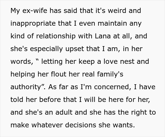 Text discussing a mom furious about her ex allowing stepdaughter to date and maintain a love nest despite bio-dad’s refusal. Text discussing a mom furious about her ex allowing stepdaughter to date and maintain a love nest despite bio-dad’s refusal.