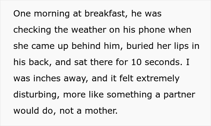 Text describing a woman feeling uneasy about her boyfriend being affectionate with his mom, questioning if she is overthinking. Text describing a woman feeling uneasy about her boyfriend being affectionate with his mom, questioning if she is overthinking.