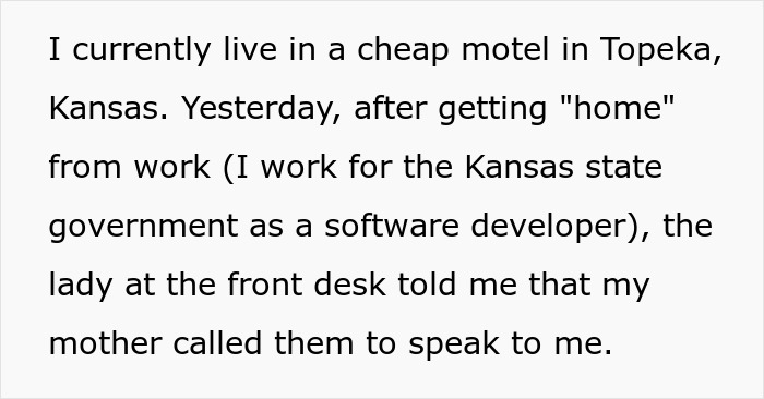 Text describing a personal experience involving the mother poisoned me shared by a software developer in Topeka motel. Text describing a personal experience involving the mother poisoned me shared by a software developer in Topeka motel.
