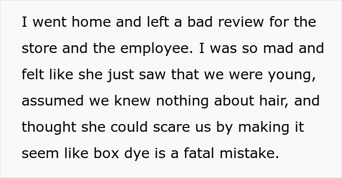 Customer upset as rude salon employee refuses to sell box dye and calls out customers for using it. Customer upset as rude salon employee refuses to sell box dye and calls out customers for using it.