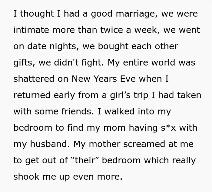 Alt text: Woman catches her mom sleeping with her husband, exposing a long-term secret affair and shattered marriage trust. Alt text: Woman catches her mom sleeping with her husband, exposing a long-term secret affair and shattered marriage trust.