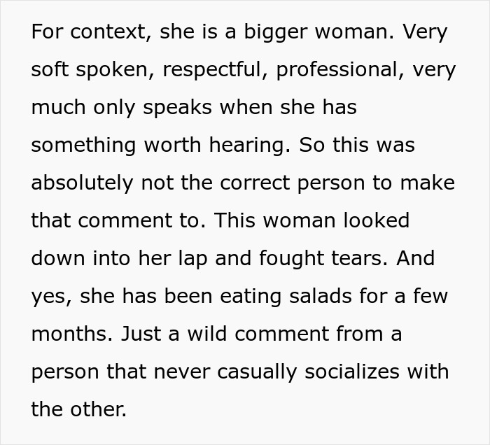 Soft spoken woman fights tears after receiving a body-shaming comment leading to immediate termination by CFO. Soft spoken woman fights tears after receiving a body-shaming comment leading to immediate termination by CFO.