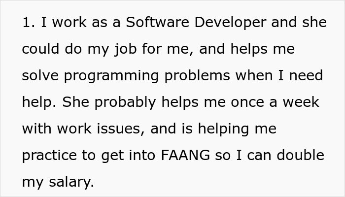 Text excerpt from a software developer explaining how his wife helps him solve programming problems and supports his career goals. Text excerpt from a software developer explaining how his wife helps him solve programming problems and supports his career goals.