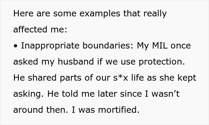 Text showing a person describing inlaws pushing boundaries with inappropriate questions affecting their marriage and divorce. Text showing a person describing inlaws pushing boundaries with inappropriate questions affecting their marriage and divorce.