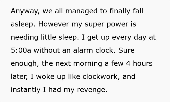 Text describing waking up at 5 AM and getting revenge on noisy hotel guests disturbing neighbors.