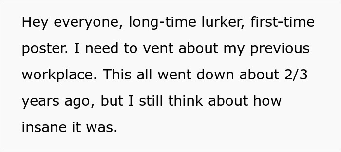 Text excerpt from employee venting about toxic workplace experiences years ago ahead of disciplinary hearing. Text excerpt from employee venting about toxic workplace experiences years ago ahead of disciplinary hearing.