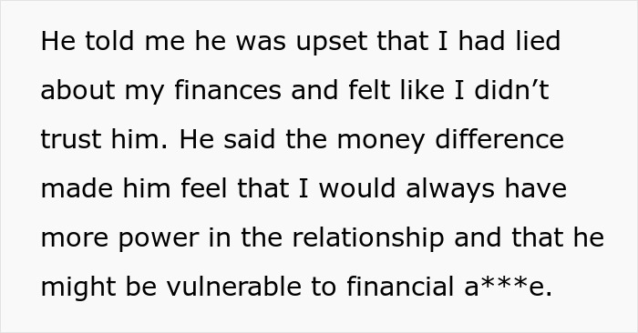 Text excerpt about a man upset over finances and ownership imbalance causing relationship issues with fiancée. Text excerpt about a man upset over finances and ownership imbalance causing relationship issues with fiancée.