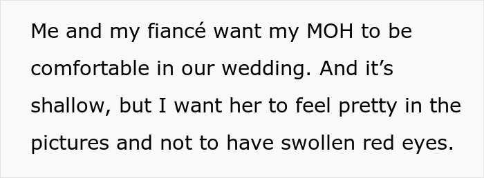 Text discussing bride and fiancé wanting maid of honor comfortable at wedding, related to refusing service dog.