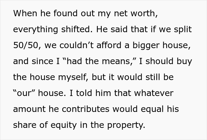Text excerpt describing a couple's disagreement over 50/50 house ownership and equity share in property. Text excerpt describing a couple's disagreement over 50/50 house ownership and equity share in property.