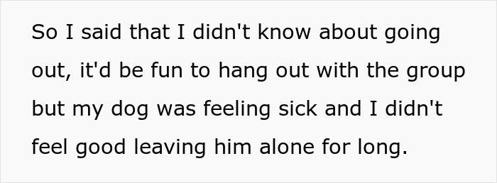 Text message describing a petty response to a creepy coworker about not going out due to a sick dog at home. Text message describing a petty response to a creepy coworker about not going out due to a sick dog at home.