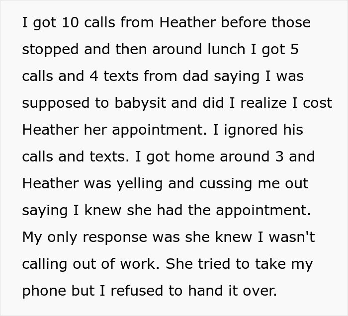Text message conversation describing a teen ignoring babysitting calls and plans to ditch half siblings for good. Text message conversation describing a teen ignoring babysitting calls and plans to ditch half siblings for good.