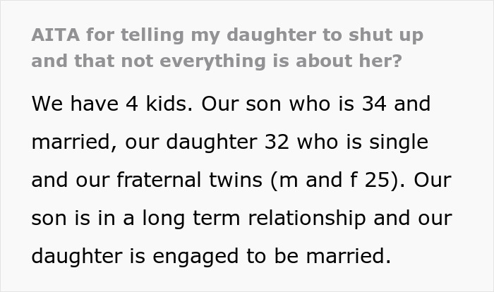 Text excerpt about a single sister struggling with her sibling's engagement and family dynamics. Text excerpt about a single sister struggling with her sibling's engagement and family dynamics.