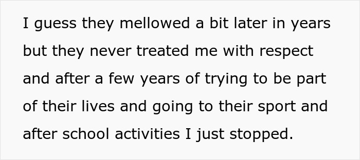 Text quote from stepdad about stepkids who treated him with indifference despite his efforts to be part of their lives and activities. Text quote from stepdad about stepkids who treated him with indifference despite his efforts to be part of their lives and activities.