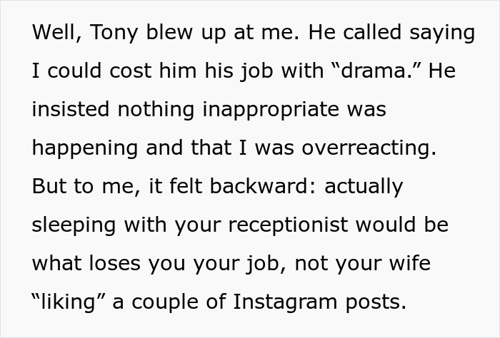 Text excerpt showing a man worried about his wife’s petty drama possibly costing him his job, causing marriage issues. Text excerpt showing a man worried about his wife’s petty drama possibly costing him his job, causing marriage issues.