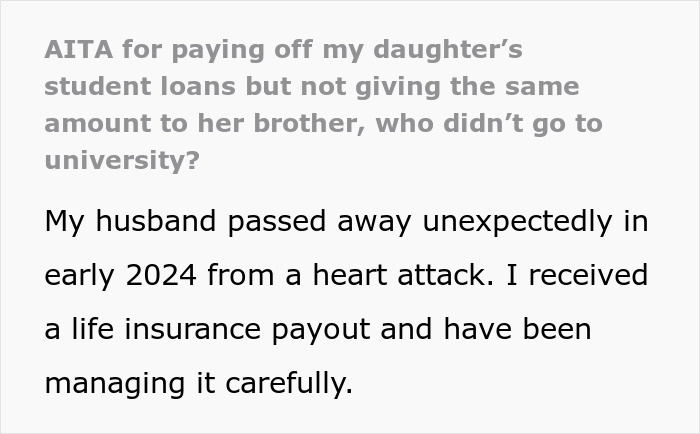 Text excerpt discussing paying off daughter student loans after a spouse's passing and managing a life insurance payout. Text excerpt discussing paying off daughter student loans after a spouse's passing and managing a life insurance payout.