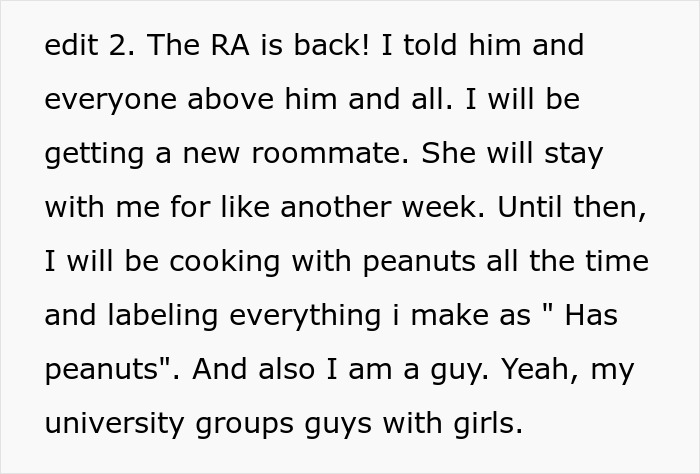 Text excerpt discussing a roommate cooking with peanuts and labeling food for a peanut allergy safety precaution. Text excerpt discussing a roommate cooking with peanuts and labeling food for a peanut allergy safety precaution.