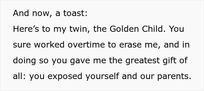 Alt text: Bride tries to erase twin during wedding toast, revealing family favoritism and sibling rivalry in emotional moment. Alt text: Bride tries to erase twin during wedding toast, revealing family favoritism and sibling rivalry in emotional moment.