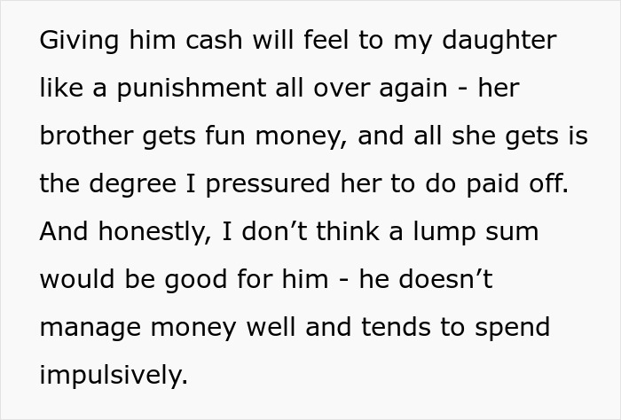 Text about paying off daughter student loans, discussing concerns over money management and family financial fairness. Text about paying off daughter student loans, discussing concerns over money management and family financial fairness.