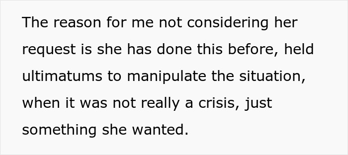 Text excerpt discussing a daughter’s refusal to consider requests due to past manipulation involving her cat. Text excerpt discussing a daughter’s refusal to consider requests due to past manipulation involving her cat.