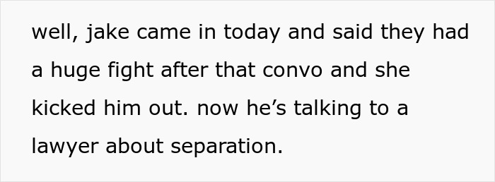 Text showing a message about a fight leading a married coworker to talk to a lawyer about separation.