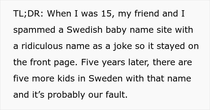 Text explaining how bored teens spammed a Swedish baby-naming website with weird ideas and created a naming trend.