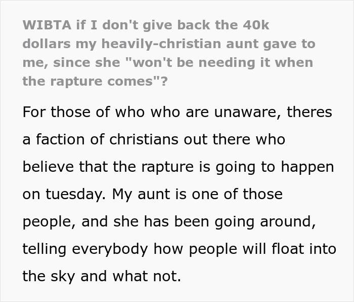 Alt text: Text discussing a heavily-Christian aunt and the rapture belief related to money and dollars. Alt text: Text discussing a heavily-Christian aunt and the rapture belief related to money and dollars.
