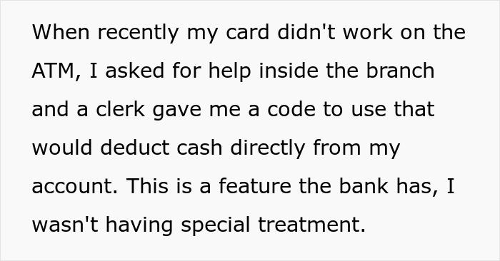 Text excerpt explaining a bank feature allowing cash deduction from an account using a special code after card issues. Text excerpt explaining a bank feature allowing cash deduction from an account using a special code after card issues.